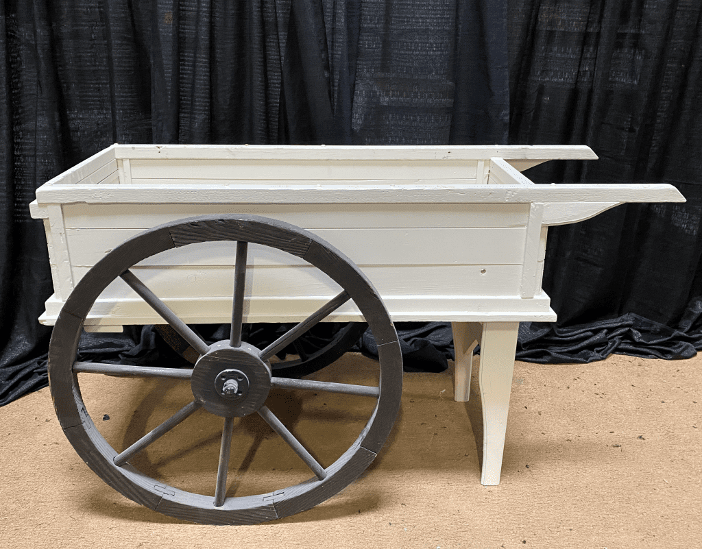 White Flower Cart With Wagon Wheels for Events in Seattle