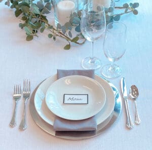 Moder place-setting with silver & lavendar napkin