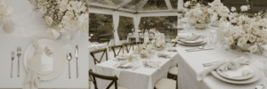 composite image of a placesetting from above, a view of the full table from the side, and a middle view of just one side of the table