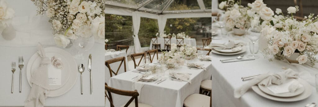 composite image of a placesetting from above, a view of the full table from the side, and a middle view of just one side of the table